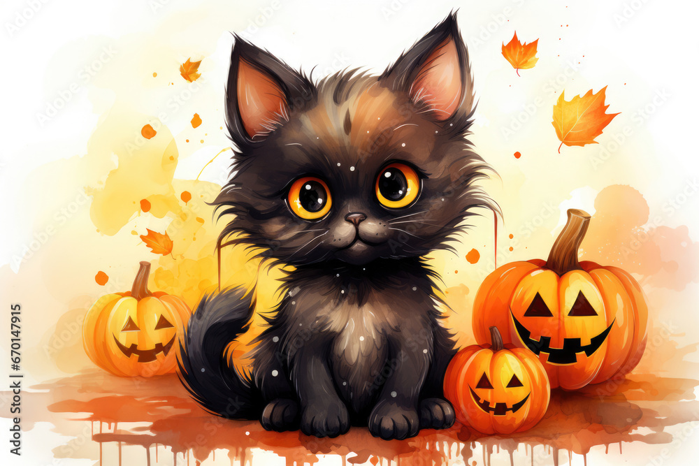 Kitten with halloween pumpkins, watercolor style Kitten with halloween pumpkins, watercolor style