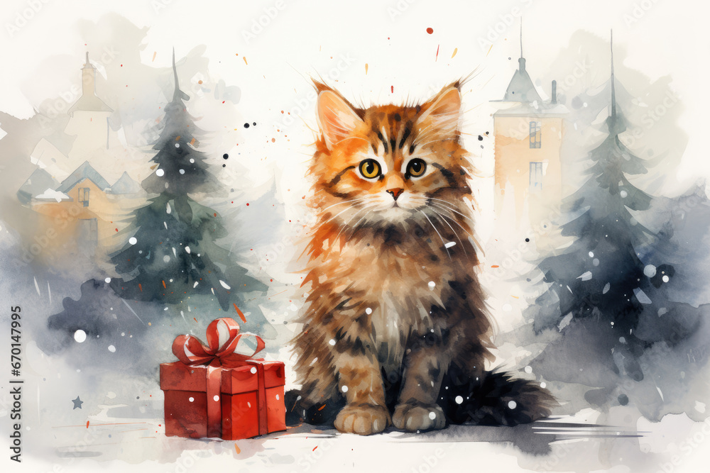Kitten with a gift near the Christmas tree, watercolor style Kitten with a gift near the Christmas tree, watercolor style