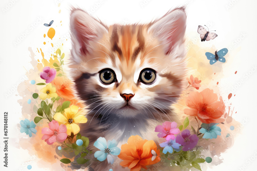 Cute kitten in flowers, watercolor drawing style