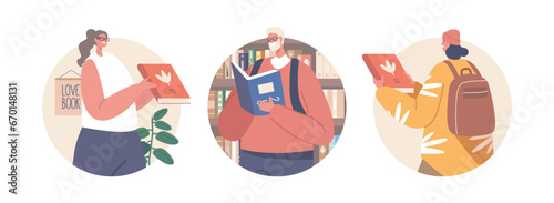 Isolated Round Icons or Avatars of Male and Female Characters Reading, Studying, And Researching Books In Public Library