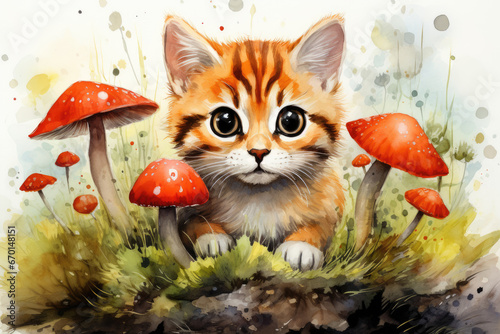 Kitten, a small cat in a clearing in the forest among mushrooms, in drawing fairy-tale style © Michael