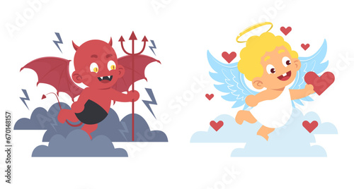 Cute little devil and angel. Heaven and hell adorable characters. Baby in costume, Golden halo, bat wings and tail. Good and bad, saint or evil cartoon flat style isolated vector concept