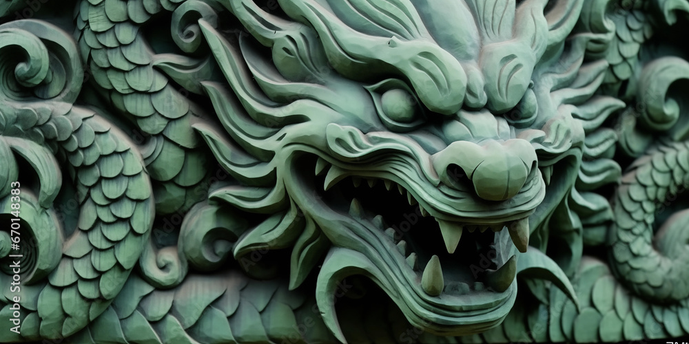 Green wooden carved dragon closeup. Chinese 2024 New Year banner.