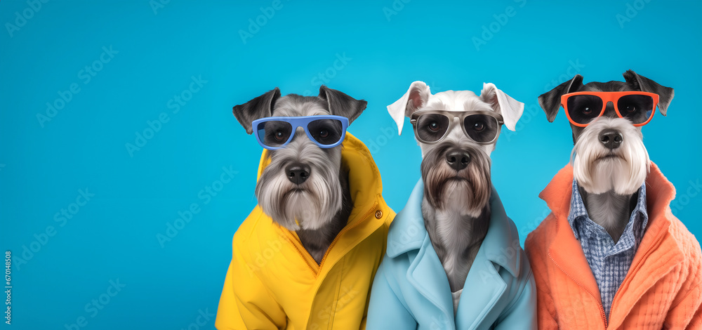 Creative animal concept. Schnauzer dog puppy in a group, vibrant bright fashionable outfits isolated on solid background advertisement, copy space. birthday party invite invitation banner	

