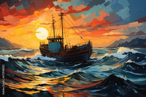 Pirate ship ocean sunset fantasy is a brightly lit golden seascape with a pirate ship anchored 