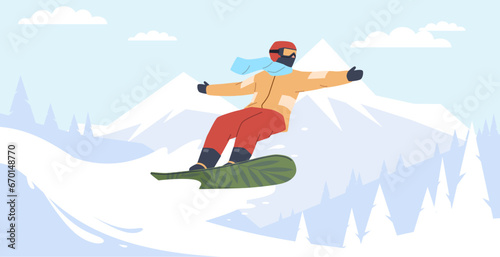 Man snowboarding down snowy mountain. Winter extreme sport. Boy in helmet and sportwear. Freeride on snowboard. Outdoor activity on resort. Cartoon flat isolated illustration. Vector concept