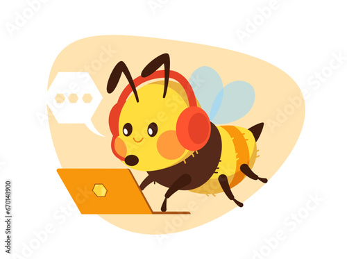 Operator bee wearing headphones with microphone works in call center. Cute mascot, insect employee help client, answering questions. Cartoon flat style isolated vector helpdesk concept