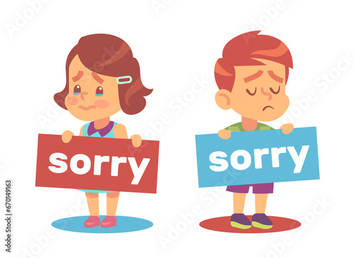 Sad boy and girl hold up sign with word sorry on it. Kids with banners. Frustrated crying children feeling guilty after mistake or failure cartoon flat isolated vector apologize concept