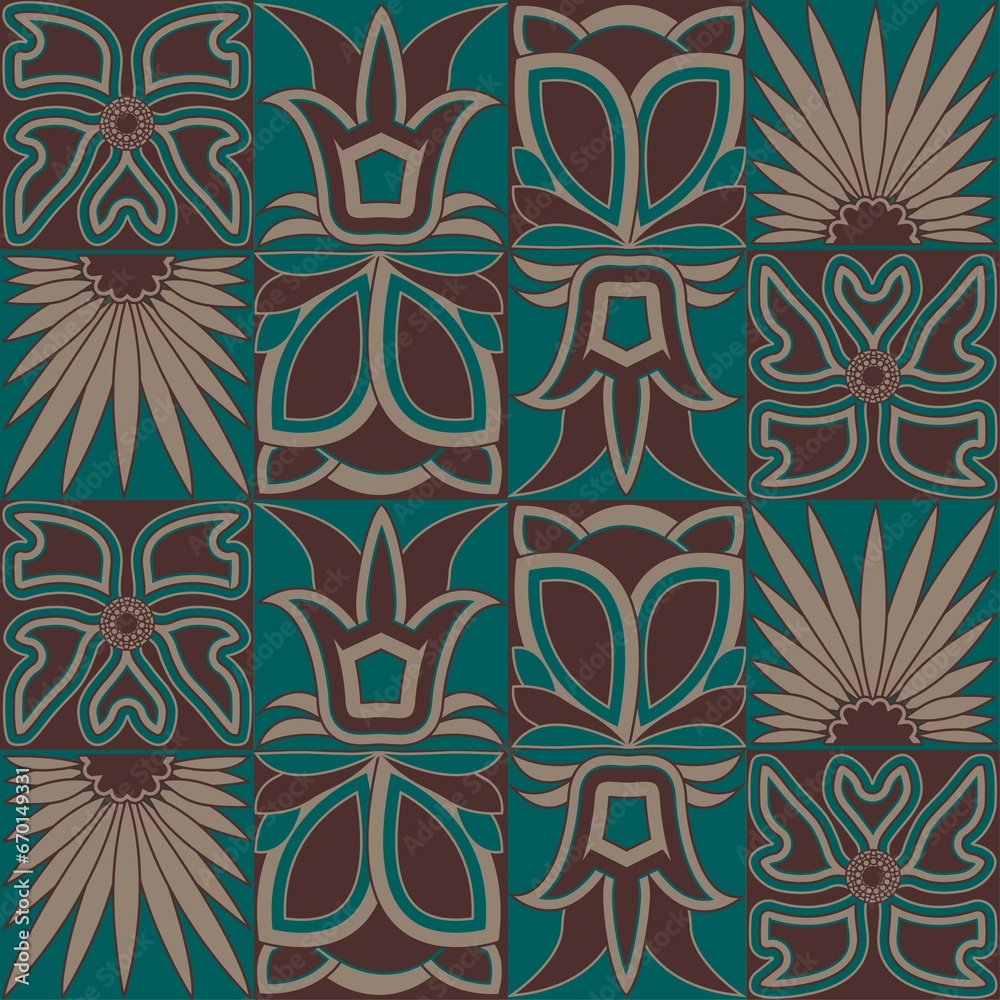 Seamless pattern, ornament of green-brown stylized flowers in squares, similar to tiles. Digital illustration. Suitable for interior, wallpaper, fabrics, clothing, stationery.