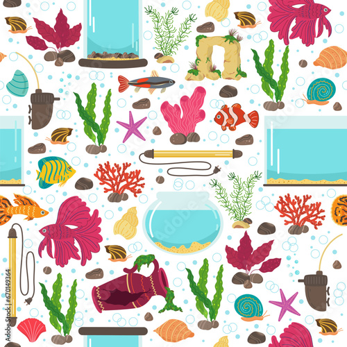 Seamless pattern with aquariums. Underwater decoration, colorful seaweeds, decor textile, wrapping paper, wallpaper design. Print for fabric. Cartoon flat style isolated vector concept