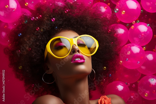 Fashion, make-up, style concept. Beautiful afro woman with soap bubbles and sunglasses minimalist close-up studio portrait. Vivid colors, pop-art style