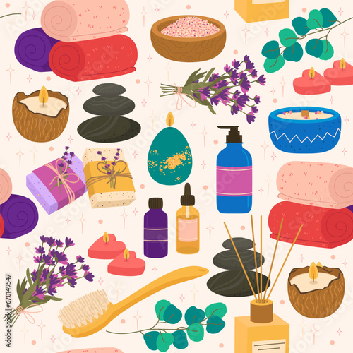 Seamless pattern with items for spa treatments. Relax and wellness zone. Decor textile, wrapping paper, wallpaper design. Print for fabric. Cartoon flat style isolated vector concept