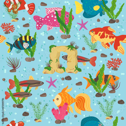 Seamless pattern with sea fish. Underwater world. Decorative algae and stones  Decor textile  wrapping paper  wallpaper design. Print for fabric. Cartoon flat isolated vector concept
