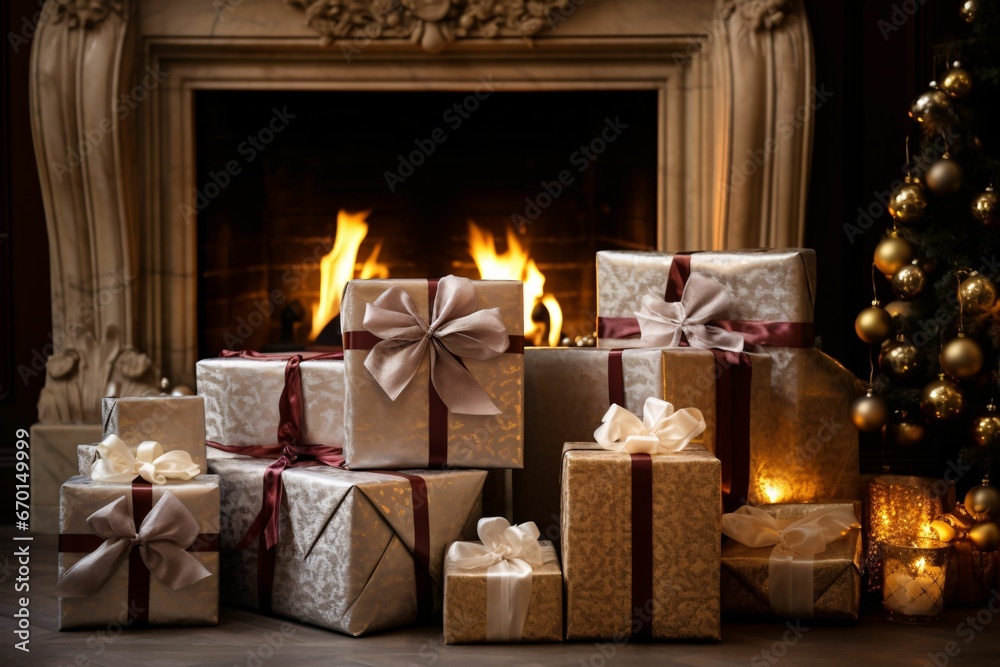 wrapped gifts nestled under the Xmas tree, ambient fireplace glow in the background wrapped gifts nestled under the Xmas tree, ambient fireplace glow in the background