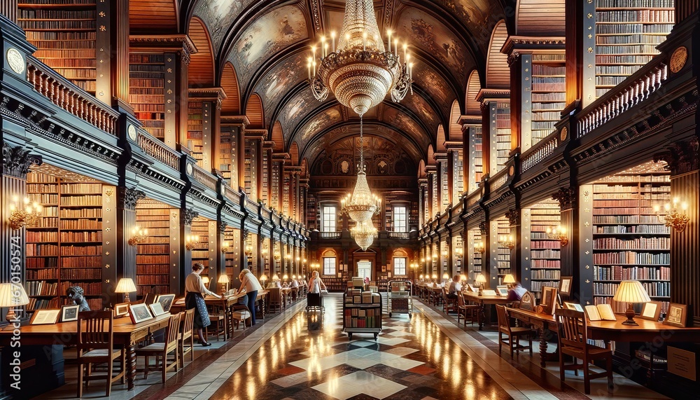 Historic Library Interior with Marble Floor Reflections