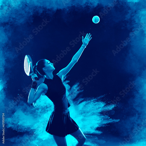 Padel tennis player in social media template. Girl athlete with paddle tenis racket on blue background. Social media ads mockup. Thumb up. photo