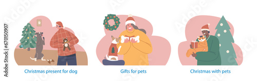 Isolated Elements with Characters Joyfully Bestow Christmas Gifts Upon Their Beloved Pets, Celebrating Holiday Spirit