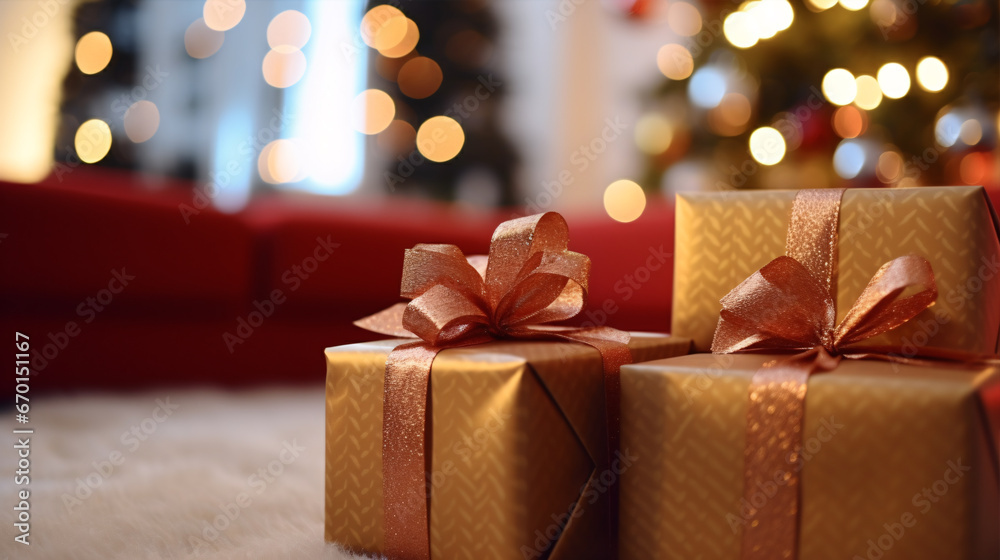 A tight shot of presents adorned with ribbon in the lounge on the festive season. A tight shot of presents adorned with ribbon in the lounge on the festive season.