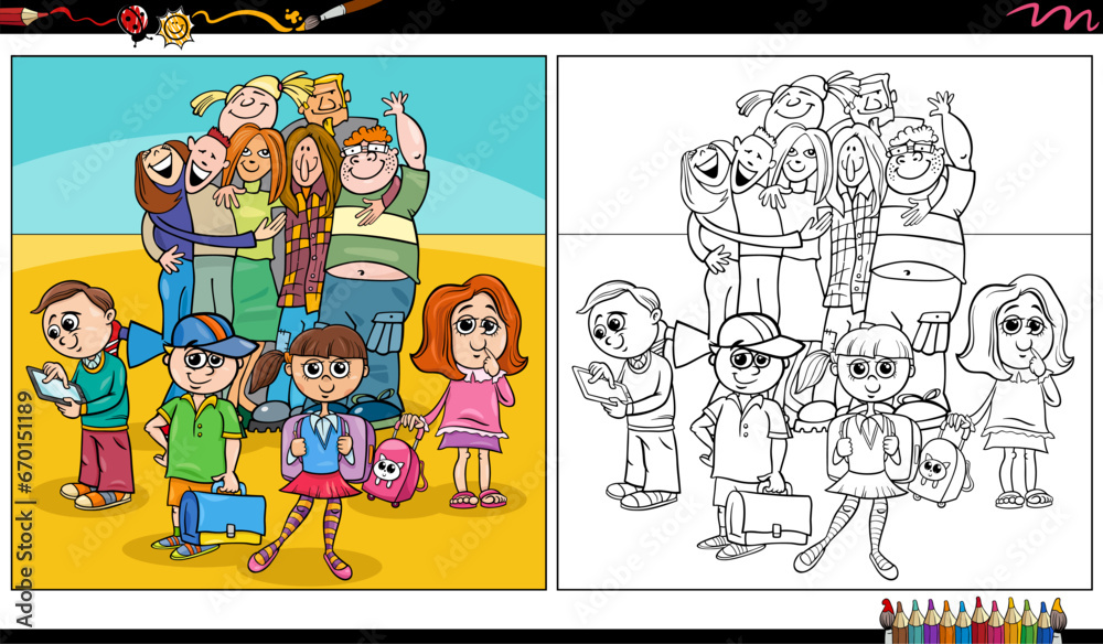 cartoon children and teens characters group coloring page
