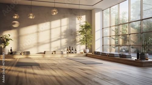 A serene yoga studio with bamboo flooring  natural light  and tranquil decor