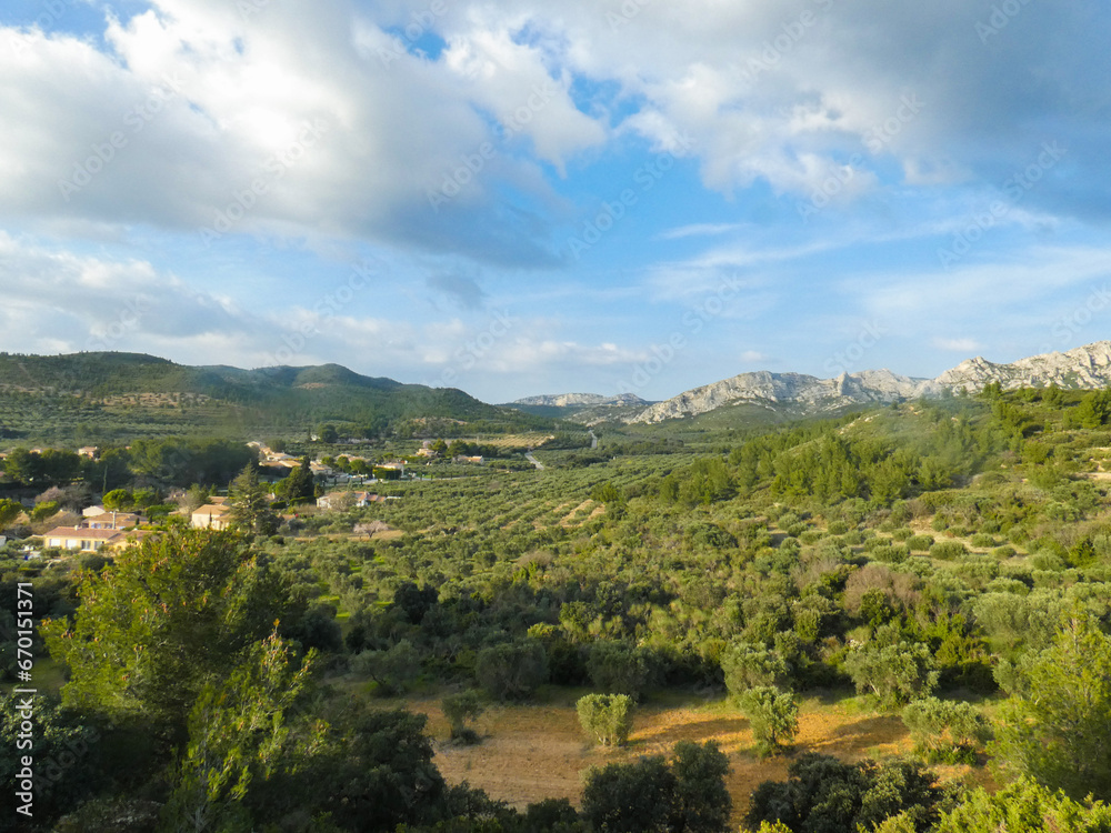 Landscape with a valley of the Alpilles covered with olive trees and some trees under a blue sky with heavy clouds in Provence in France 