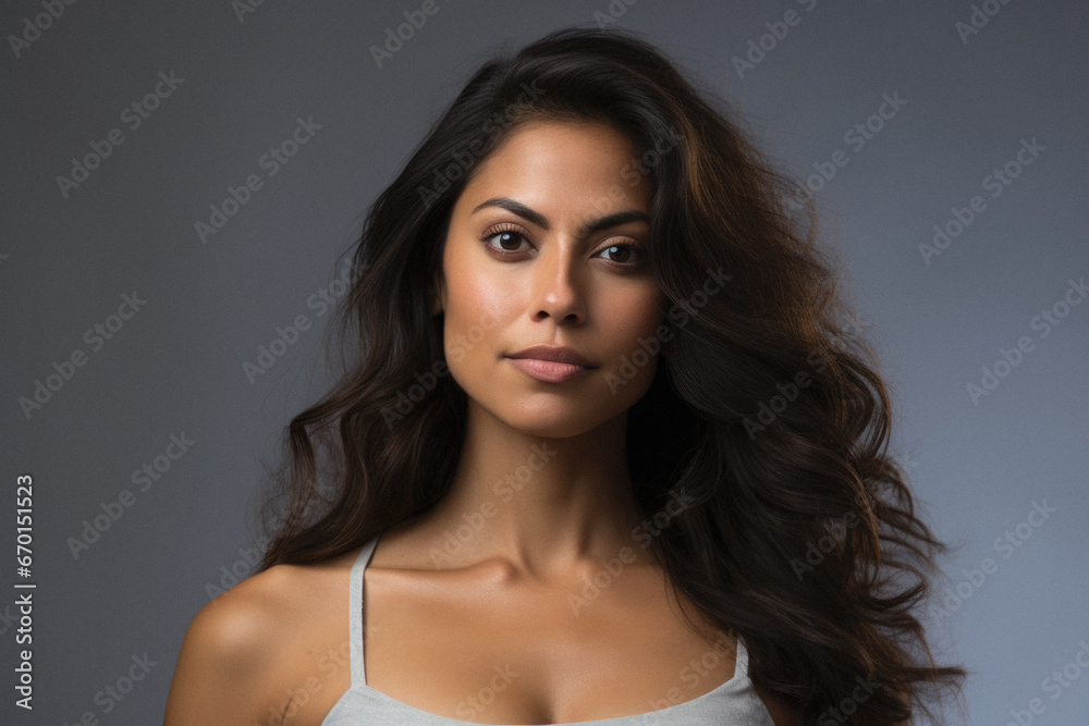 Portrait of a beautiful young brunette woman with long curly hair. Portrait of a beautiful young brunette woman with long curly hair.