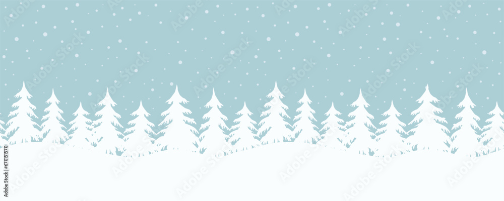 Winter landscape. Seamless border. Christmas background. White fir trees silhouettes on blue background. winter forest in snowy day. Vector illustration