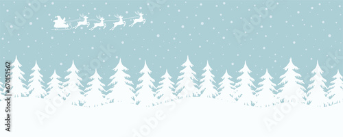 Winter landscape. Seamless border. Christmas background. Santa Claus is riding across the sky on deer. White fir trees silhouettes on blue background. Winter forest in snowy day. Vector illustration
