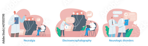 Isolated Elements Doctor Neurologist, Neuroscientist, Physician Characters Study Brain Connected To Display