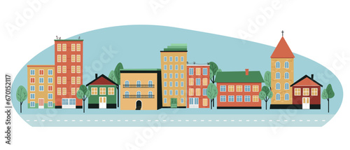 Buildings of various shapes along the street are high-rises and private houses. Urban space panorama. Vector flat illustration.