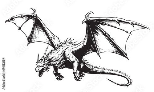 Dragon attacker, cartoon hand drawn sketch illustration Wild animals