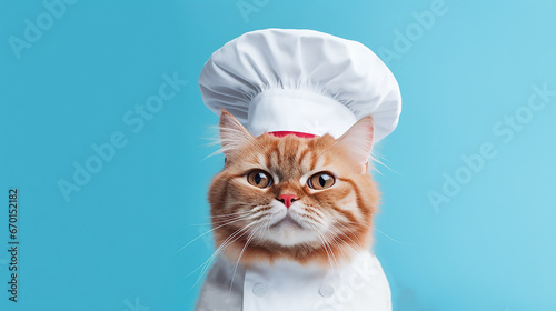 Cute serious ginger cat in white chef's hat on blue background. Red cat in the form of cook. Copy space. Close-up. © Marina_Nov