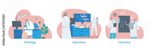 Isolated Elements With Characters in Scientific Laboratory. Scientists Working with Dna, Looking through Microscope