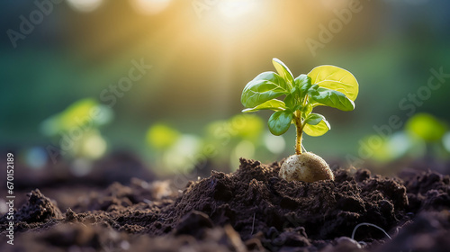 Close-up of green potato sprout sprouting from potato tuber, lost during planting in early spring. The green plant is illuminated by sunlight the rising sun. Blurred background. Copy space.