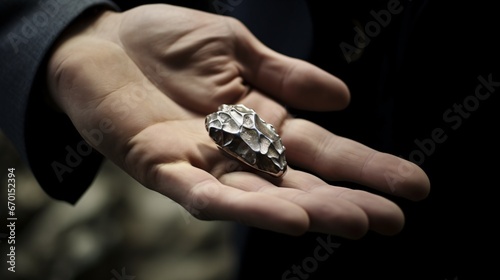 A person is clasping a metallic resource such as silver, platinum, or rare earths.