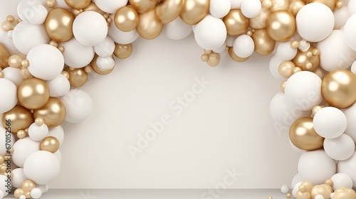 Generative AI, arch of white and golden balloons. Mock up for wedding, Christmas or other holiday 3d background 