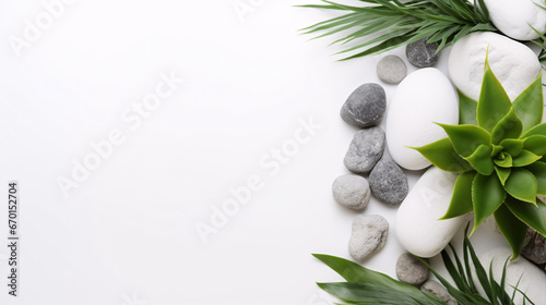 White background with lush greenery and natural rocks, remaining empty for copy.