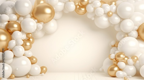 Generative AI, arch of white and golden balloons. Mock up for wedding, Christmas or other holiday 3d background 