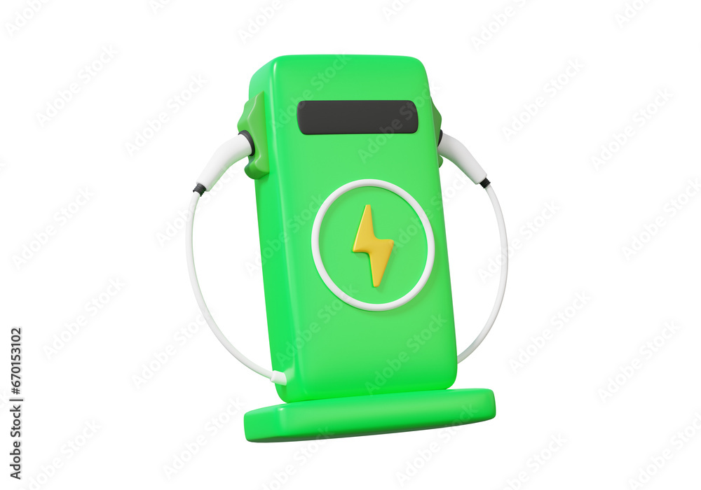 Fototapeta premium Realistic green electro car charging station on isolated background. electrical ecology environment energy technology, auto accumulator recharging, minimal cartoon style. 3d render illustration