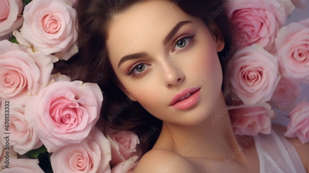 Beautiful white girl with flowers. Stunning brunette girl with big bouquet flowers of pink roses. Closeup face of young beautiful woman with a healthy clean skin. Pretty woman with bright makeup Beautiful white girl with flowers. Stunning brunette girl with big bouquet flowers of pink roses. Closeup face of young beautiful woman with a healthy clean skin. Pretty woman with bright makeup
