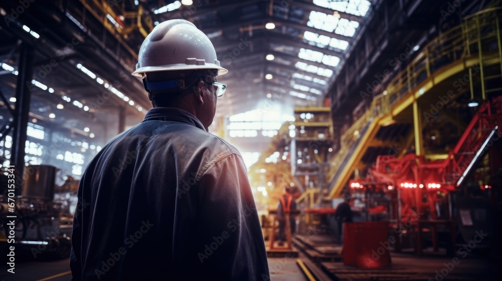 Fototapeta premium Hardhat Clad Worker with Machinery in Industrial Setting