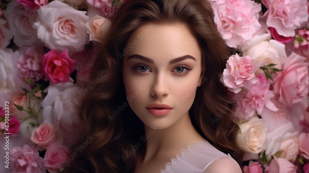 Beautiful white girl with flowers. Stunning brunette girl with big bouquet flowers of pink roses. Closeup face of young beautiful woman with a healthy clean skin. Pretty woman with bright makeup