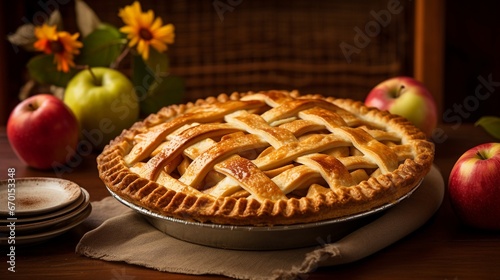 Homemade Organic Apple Pie Dessert, delicious apple pie with lattice pastry on wooden rustic background