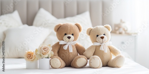 Two cute teddy bear toys sit on the clean bed lean on each other, white rose bouquet aside, concept of romantic relationship, valentine's day and still life.