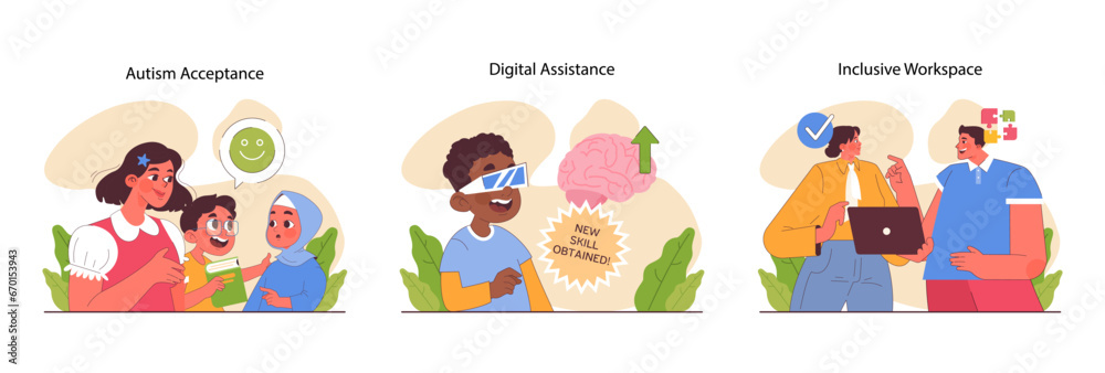 Neurodiversity set. Cognitive development spectrum. Mental health awareness. Sociability, learning ability, attention span, mood and mental disorders. Flat vector illustration