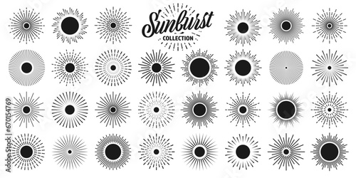 Vintage sunburst, sunset beams collection. Hand drawn bursting sun, light rays. Logotype or lettering design element in retro style. Vector illustration