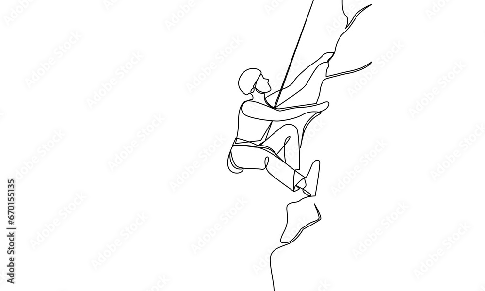 Single solid of a man climbing a high cliff. Sport Climbing. One line