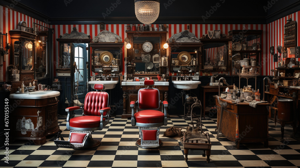 A vintage-inspired barbershop with antique barber chairs, a striped barber pole, and grooming tools on display