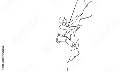 Single solid of a man climbing a high cliff. Sport Climbing. One line drawing vector illustration