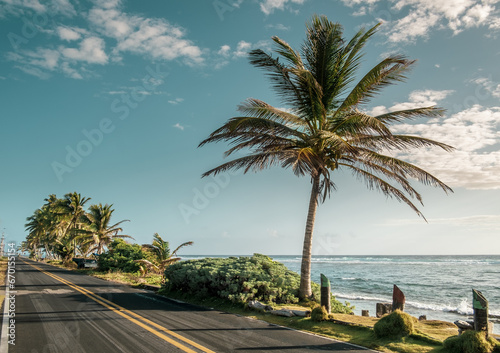 Tropical road belong the coastline. San Andrés island, Colombia.